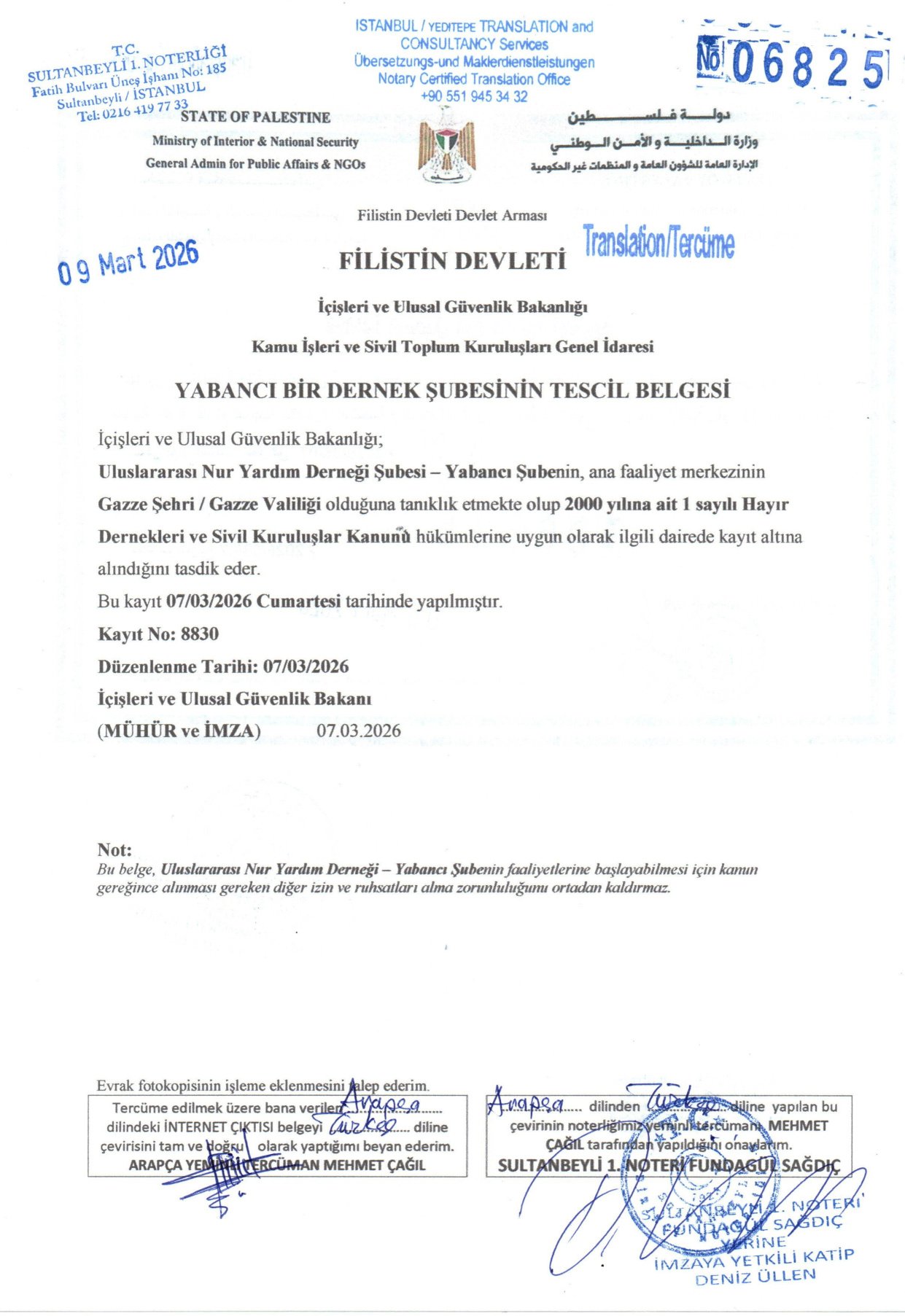 Yabancı Dernek Şubesi Tescil Belgesi